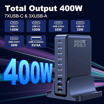 CHIPOFY 400W USB C Charger, GaN Compact 10-Ports PD3.1 140W PPS 45W QC20W Super Fast Charging Station for MacBook Laptop, iPad, iPhone 17/Pro/16/15, Galaxy S24/S23, Steam Deck and More