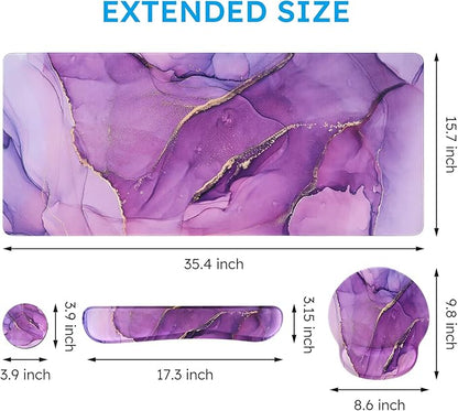 iCasso Purple Ergonomic Large Mouse Pad with Wrist Support, 4in1 XXL Desk Mat Set- Keyboard Wrist Rest + Mouse Wrist Rest + Coaster, Marble Style Desk Pad Mousepad