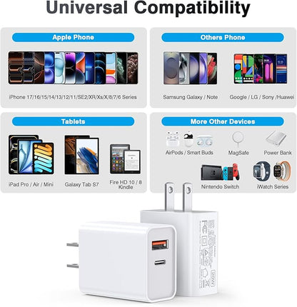 USB C Wall Charger Block 20W, 3-Pack Dual Port PD Power Delivery Fast Type C Charging Block Plug Adapter for iPhone 12/13/14/15/16/17/Pro Max, XS/XR/X, iPad Pro, AirPods Pro, Samsung Galaxy(White)