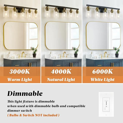 DIKAIDA 5-Light Black and Gold Bathroom Vanity Light, 30" Modern Vanity Lighting Fixture, Bathroom Light Fixtures, Wall Sconces with Clear Glass Shade, Black Bathroom Wall Light Over Mirror