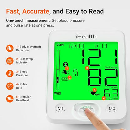 iHealth Accu Luminate Blood Pressure Monitor – 4.5" Tri-Color WHO-Based LCD(White), Clinically Accurate, Irregular Heartbeat Alert, Body & Cuff Detection, Bluetooth Cloud Sync, Large 8.6"–17" Cuff