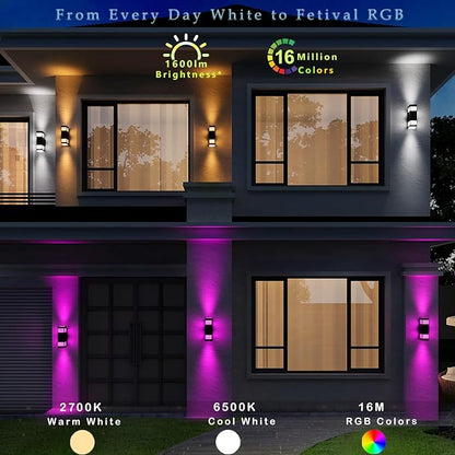 rosykite Smart Outdoor Sconce Lights 2 Pack, Up Down Wall Porch Lights RGB Color Changing WiFi APP Control, Dimmable LED Exterior Wall Lighting Fixtures Work with Alexa,No Hub Required,ETL Listed