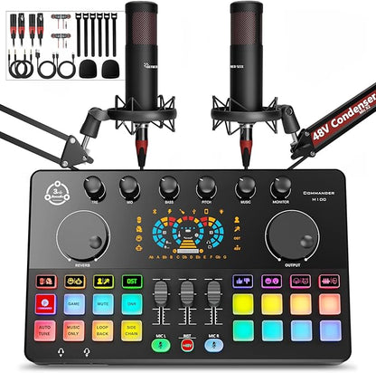 Podcast Equipment Bundle for 2, Audio Interface DJ Mixer with 48V XLR Condenser Microphone, RGB,Voice Change, for Streaming, Podcast Recording,Tiktok,PC, Smartphone COMMANDER M100 3rd
