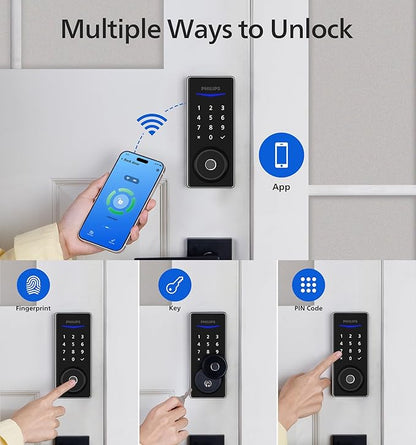 Philips Wi-Fi Smart Door Lock, Keyless Entry Door Lock with App Control,Fingerprint ID,Auto Lock,Keypad Deadbolt with Wi-Fi Bridge Adaptor,Smart Locks for Front Door-Satin Nickel