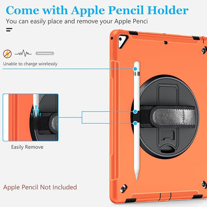 Case for iPad Pro 12.9 2nd Generation 2017 & 2015 1st Generation, Heavy Duty Rugged Shockproof Protective Cover w/ 360° Rotatable Stand + Handle Hand & Shoulder Strap + Pencil Holder-Orange
