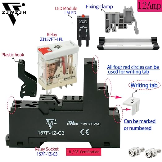 12 Amp Power Relay Switch Electromagnetic with Test Button 110V 120V SPDT 1NO 1NC Socket Base with Indicator Light, UL Certification (5 Pin- 12A, AC 110V)
