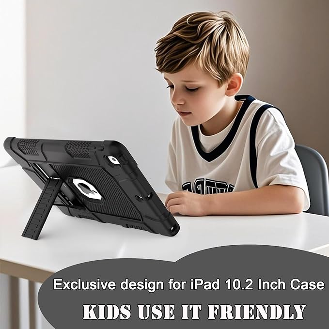 Rantice Case for 9th/8th/7th Generation, Hybrid Shockproof Rugged Drop Protective Case with Kickstand for iPad 10.2 Inch (2021/2020/2019 Release), Black