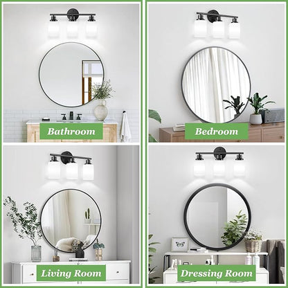 Guliaofo 3-Light Bathroom Light Fixtures, Black Vanity Lights for Mirror with Textured Milky White Glass Shade, E26 Base Modern Kitchen Light Fixtures Wall Sconce Light