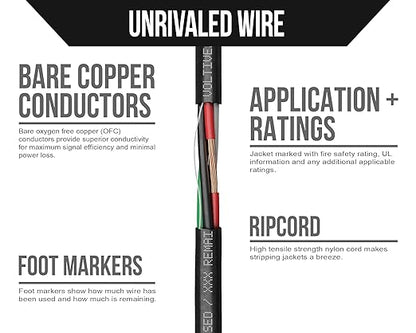 Voltive 16/4 Speaker Wire, Riser CL3R, Black, 500ft - 16AWG, 4 Conductors, Stranded Oxygen-Free Copper, UL Listed - V-1273-1