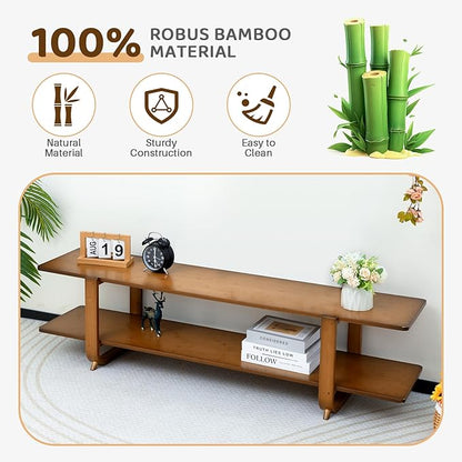 HollyHOME Bamboo TV Stand with Storage for TVs up to 65'', Modern Entertainment Center with 2 Open Shelf, Accent Media Console Table for Living Room, Bedroom, 55"(L), Walnut