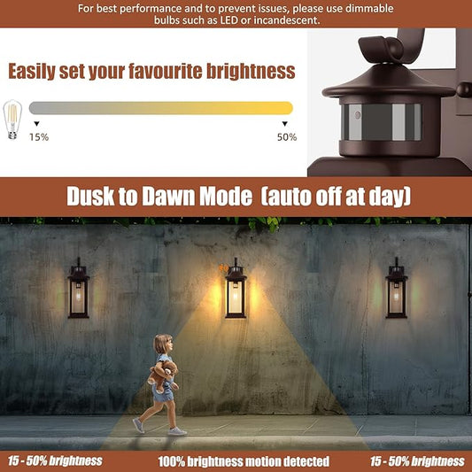 Roravilila 1-Pack 18 Inch Oil Rubbed Bronze Motion Sensor Outdoor Wall Lantern IP65 Waterproof, Large Brown Dusk to Dawn Outdoor Light for House Clear Glass Outside Wall Mounted Lamps Front Door