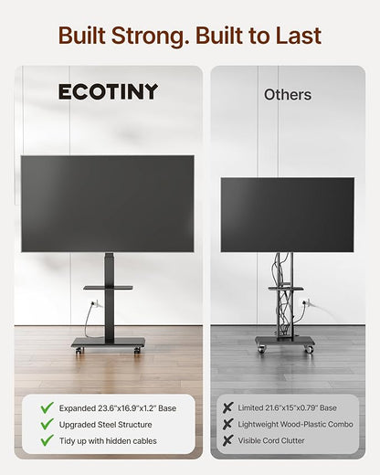 ECOTINY Steel Base Rolling TV Stand for 32-75 inch TVs up to 110 lbs, Leveling & Tilt & Swivel Mobile TV Stand with Hidden Wire Management, Height Adjustable Portable Tv Stand with Steel Shelf, Black