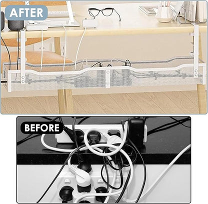 Mzmaxy Cable Management, 25'' Cable Management Under Desk No Drill, Metal Cord Organizer with Clamp for Standing Desk, Cable Organizer for Home Office, White