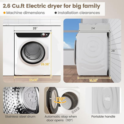 VCJ 2.6 cu.ft Portable Dryer, 1400W Electric Clothes Dryer with 5 Drying Modes & Stainless Steel Tub, Front Load Compact Dryer for Home, Apartment, Dorms