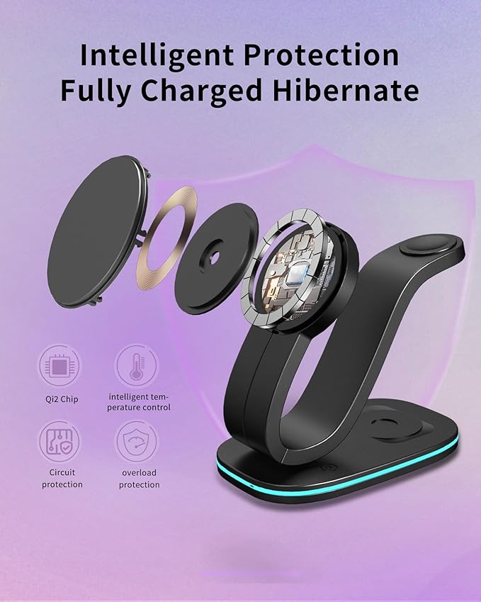 3 in 1 Wireless Charging Station for Qi2 Apple Multiple Devices, 30W USB C Adapter&Light, Fast Mag-Safe Charger Stand Compatible with iPhone 16 15 14 Pro Max, Apple Watch Series 10 9 & Airpods 4 3 Pro