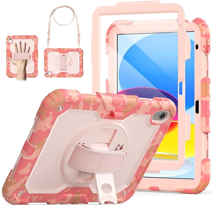 SCSVPN Kids Case for iPad (A16) 11th/10th Generation 11/10.9 inch 2025/2022, Shockproof Rugged Cute Rainbow Cover for iPad 11/10 with Pencil Holder, 360 Rotating Stand, Hand/Shoulder Strap, Camo Pink