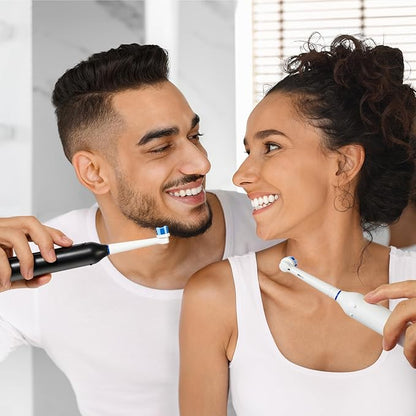 Bitvae Rotating Electric Toothbrush 2 Packs for Adults and Kids, 8 Brush Heads 60-Day Battery Life, 5 Modes Power Toothbrush with 2-Minute Smart Timer, Black & White, R1