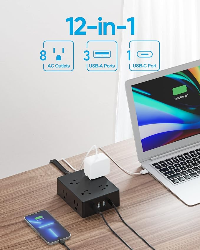 Surge Protector Power Strip, Olcorife Ultra Thin Flat Plug Extension Cord 5ft, 8 Outlets 4 USB Ports(1 USB C), Flat Wall Plug Outlet Extender, College Dorm Room Essentials, Black