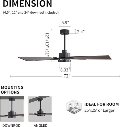 WINGBO 72 Inch Ceiling Fan with Light and Remote, 4 Plywood Blades, 6-Speed Reversible DC Motor, Dimmable, 3CCT, Farmhouse Ceiling Fan for Bedroom Living Room Kitchen, Black and Walnut/Shadowed Walnut