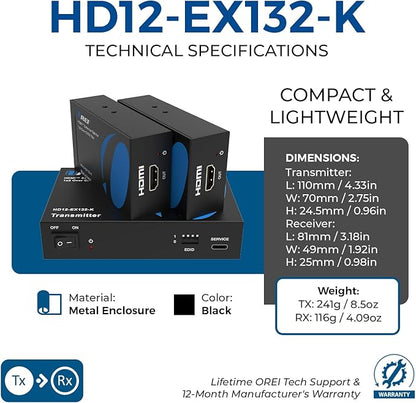 OREI 1x2 HDMI Extender Splitter Over Single Cable CAT6/7 1080P EDID Management - Up to 132 Ft - Loop Out - Low Latency