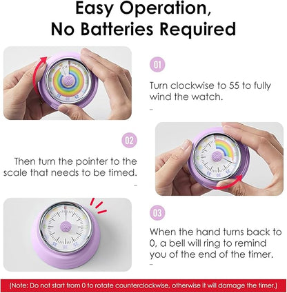 Teeloray Visual Timer for Kids Rainbow Kitchen Timer with Magnetic Base Mechanical Timer 60-Minute Countdown Timer Ringer Alert Time Management Tool for Children and Adults Study Work Cooking, Purple