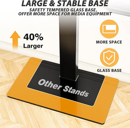TAVR Universal Floor TV Stand Base for 32-75 Inch TVs up to 110 Lbs with Swivel Height Adjustable Mount, Black Tempered Glass Base for Media Storage and Space Saving