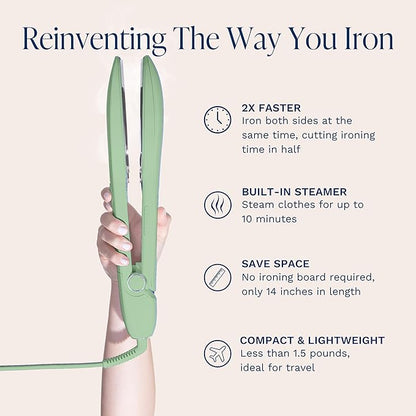 Nori Press Travel Steam Iron - Handheld Iron With Optional Steam Feature - No Ironing Board Required - Easy to Use w/ 6 Fabric Settings - Removes Wrinkles - User Manual Included - Green
