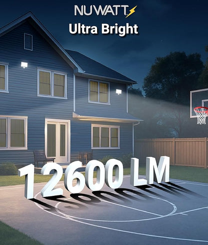 NUWATT 90W LED Flood Light, 3CCT 3000K/4000K/5000K Selectable, IP65 Waterproof Lighting, Adjustable Knuckle Mount, 12600LM, 0-10V Dimmable, 120-277V, Outdoor Security Floodlight for Yard, White, UL