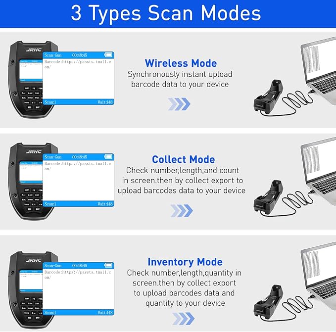 1D 2D Barcode Scanner Wireless, JRHC Portable Inventory Scanner & Data Collector Data Terminal PDT Inventory Device with Long Transmission Distance 2.4G Wireless Bar Code Reader with 2" LCD Screen