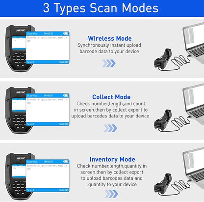 1D 2D Barcode Scanner Wireless, JRHC Portable Inventory Scanner & Data Collector Data Terminal PDT Inventory Device with Long Transmission Distance 2.4G Wireless Bar Code Reader with 2" LCD Screen