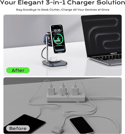 Gumosh Qi2.2 Charging Station for Apple, 25W 3 in 1 Magsafe Charger Stand with Active Cooling Fan, Magnetic Wireless Charger for iPhone 17/16/15/14/13/12, Apple Watch, AirPods (with 45W Adapter)