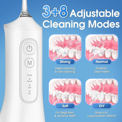 Water Flosser, Rechargeable 300ML IPX7 Waterproof Cordless Portable Oral Irrigator with 4 Modes & 6 Replaceable Jet Tips-Professional Flossing Cleaner for Daily Home Use,Travel,Gums,Braces Care-White