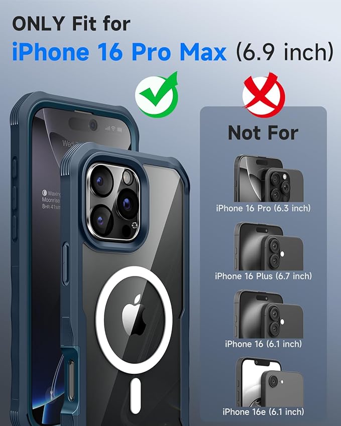 seacosmo for iPhone 16 Pro Max Case, Full Body Bumper with Built-in 9H Tempered Glass Privacy Screen Protector and Camera Lens Protector, Compatible with MagSafe, Shockproof Phone Cover, 6.9", Blue
