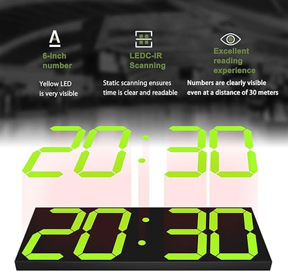 CHKOSDA LED Large Digital Wall Clock, Oversize Digital Clock with 6” Numbers, Remote Control Count up/Countdown Timer Clock, Auto Dimmer, Big Calendar and Thermometer（Yellow