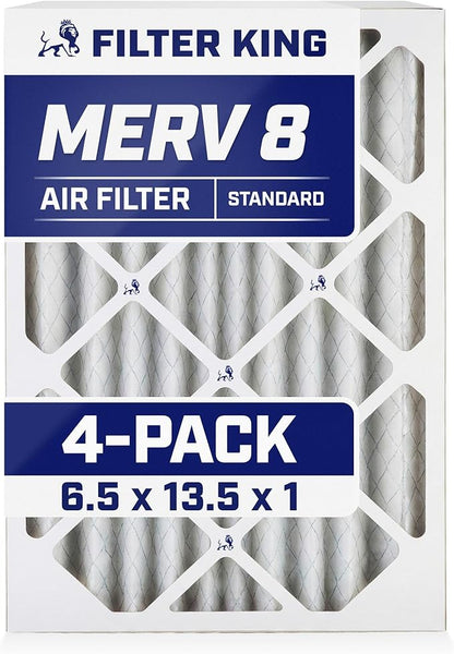 Filter King 6.5x13.5x1 Air Filter | 4-PACK | MERV 8 HVAC Pleated A/C Furnace Filters | MADE IN USA | Actual Size: 6.5 x 13.5 x .75"