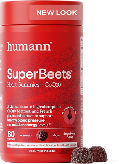 Humann SuperBeets 3-in-1 Heart Gummies - 3x Absorption CoQ10 - Plus Beetroot Extract & Grape Seed Extract for Advanced Heart Health, Cellular Energy & Circulation Support, Vegan, Gluten Free, 60 count