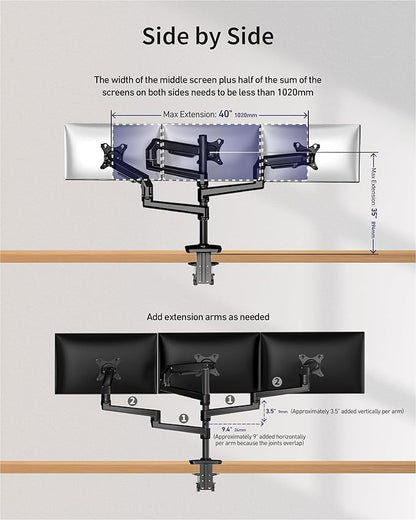 Ergounion Triple Monitor Mount, Holds Screens up to 40 Inches and 25 lbs, Fully Adjustable 3 Monitor Desk Mount with C-Clamp and Grommet Base, Aluminum, Black