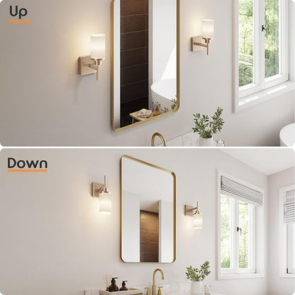 AONEON Vanity Lighting Fixtures with White Frosted Glass Shade, Champagne Bronze Wall Lamps for Bathroom Mirror Bedroom Living Room Porch, 2 Pack T001CPG-L1-P2