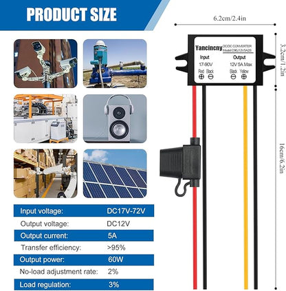 Yancincny DC 24V 36V 48V 60V 72V 84V 90V Step Down to 12V 5A 60W Converter Regulator Reducer Power Supply Module Buck Transformer, Waterproof DC 48V to 12V Converter with Fuse for Golf Cart