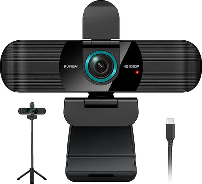 RUWBY Full HD 1080P Webcam with Built-in Dual Mics, Wide-Angle Lens, Privacy Cover, Tripod Stand, Autofocus PC Camera, Plug and Play for Desktop Computer or Laptop