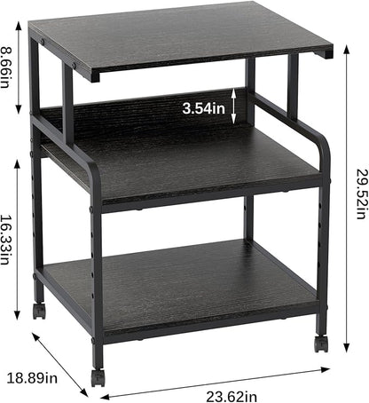 Arbuxzuy Large Printer Stand with Storage Shelf, 23.6" W x 18.9" D Printer Cart with Wheels, 3 Tier Mobile Printer Table for Home Office,Stands for Heat Press Scanner Fax (Black)