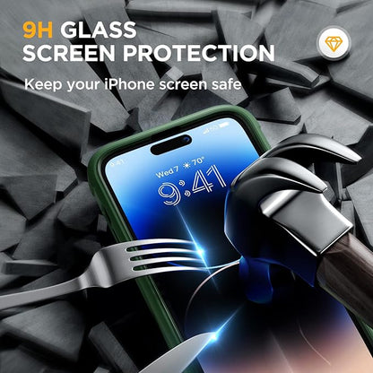 Miracase Glass Series for iPhone 14 Pro Case 6.1 Inch, Full-Body Clear Bumper Case with Built-in 9H Tempered Glass Screen Protector, with Camera Lens Protector, Acacia Green