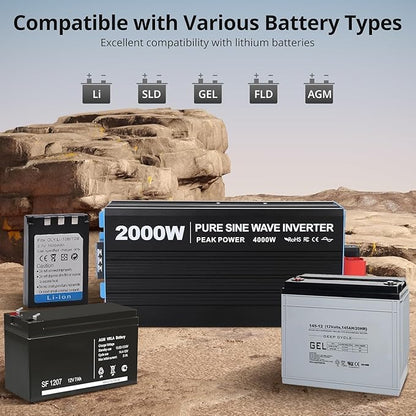 2000W Pure Sine Wave Inverter, 1 USB Port 5v/2.1a,LCD Display&Remote Controller for Home, RV, Truck