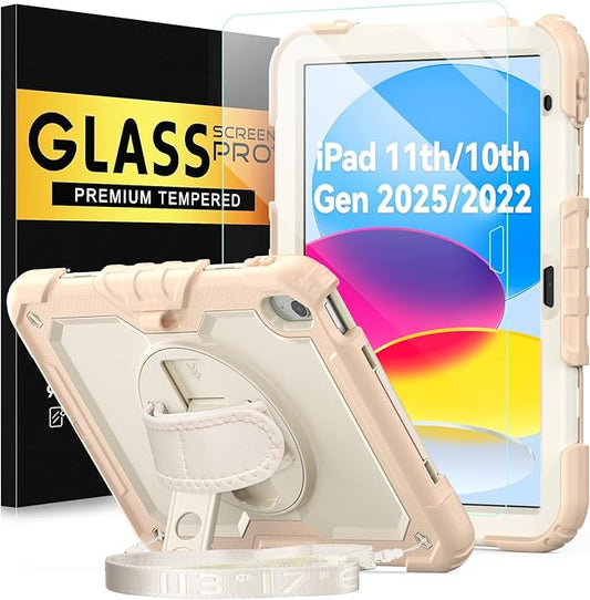 BLOSOMEET Girls Cute Case for iPad A16 11th/10th Generation 11''/10.9'' 2025/2022 with Tempered Glass Screen Protector, KidsProof iPad 11th/10th Gen Cover with Handle Shoulder Strap, Rosegold