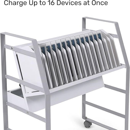 Line Leader 16-Device Mobile Charging Station | Steel Rolling Cart for Laptops, Tablets, & Chromebooks | Open Design with Dividers & UL-Certified Surge Protection | Portable Charging Stand (White)