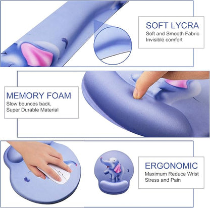 Mouse Pad Keyboard Wrist Rest, Gel Non Slip Rubber Wrist Support Rest Mouse Pad for Home Office, Computer Laptop Desk Typist Gamer, Cute Comfy Cushion Mousepad Memory Foam Ergonomic, Happy Elephant