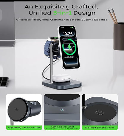 Gumosh Qi2.2 Charging Station for Apple, 25W 3 in 1 Magsafe Charger Stand with Active Cooling Fan, Magnetic Wireless Charger for iPhone 17/16/15/14/13/12, Apple Watch, AirPods (with 45W Adapter)