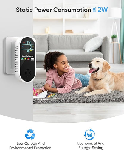 Vilfet Carbon Monoxide Detectors & Natural Gas Detector, 4-in-1 Carbon Monoxide Detectors Plug in, Gas Leak Detector with Dual Alarms, Temperature & Humidity Sensor for Home, RV, Black, 1 Pack