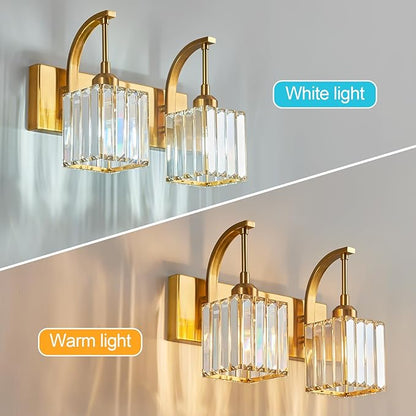 FDPBY Crystal Vanity Lights 2-Light Gold Wall Lamp Modern Crystal Bathroom Light Fixtures Over Mirror 13.77" Long Bathroom Wall Sconce