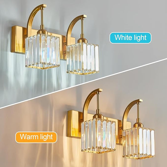 FDPBY Crystal Vanity Lights 2-Light Gold Wall Lamp Modern Crystal Bathroom Light Fixtures Over Mirror 13.77" Long Bathroom Wall Sconce